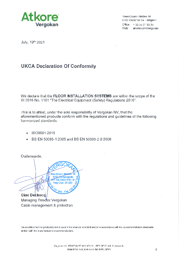 20210719 UKCA Declaration of Conformity Floor Installation Systems
